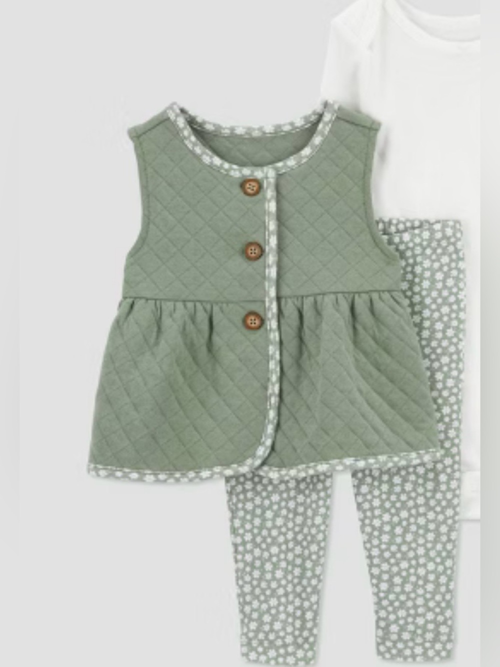 Carters|Baby girl/toddler Quilted Olive Green button Vest & ditsy floral Legging